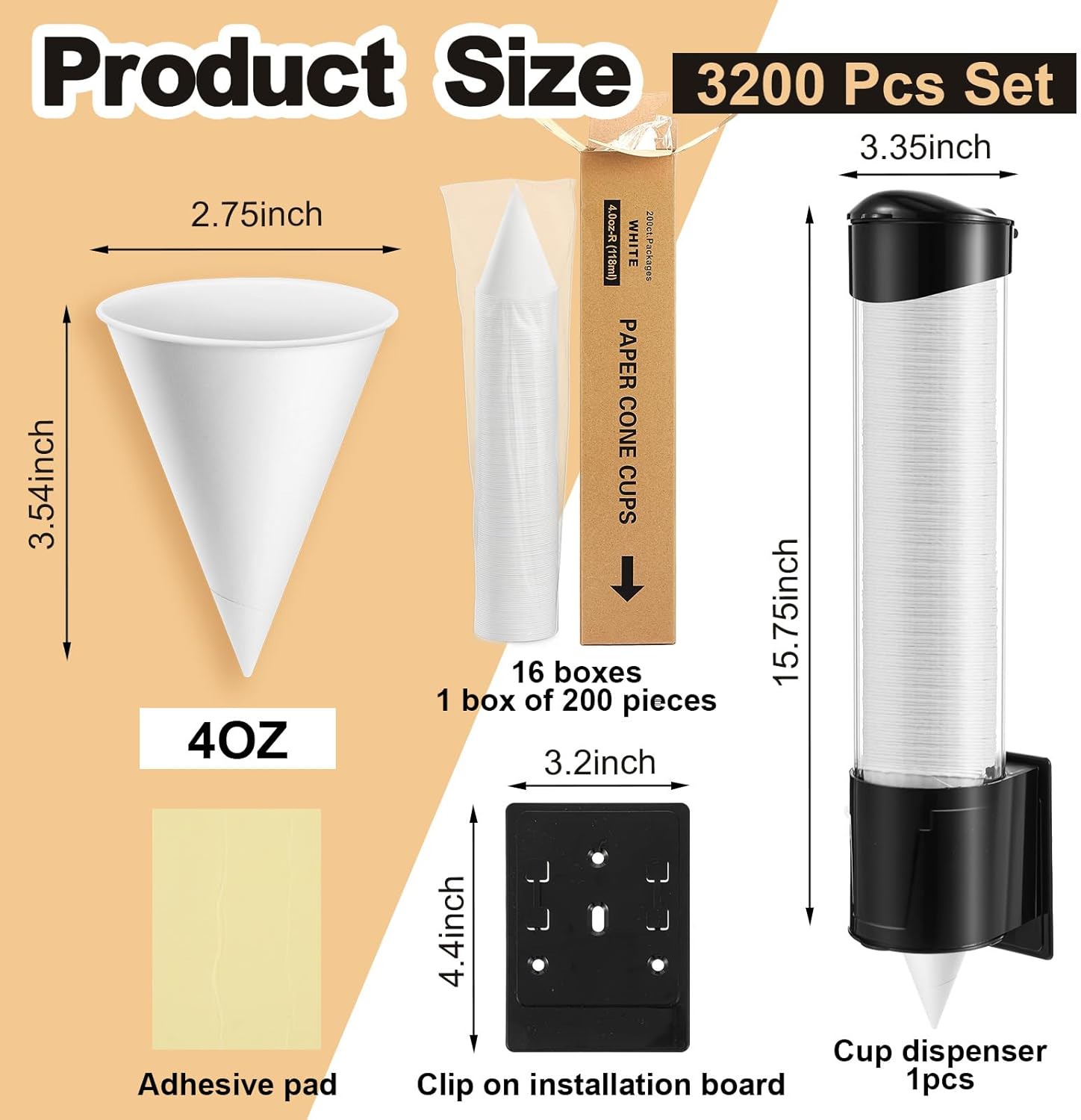 Roshtia 3200 Pcs 4 oz Snow Cone Cups Paper Thicken Disposable with 1 Cups Dispenser Pull Type Wall Mount Cup Holder Paper for Restaurants, Home, and Office, and Shaved Ice, Cold (4 oz,Black)