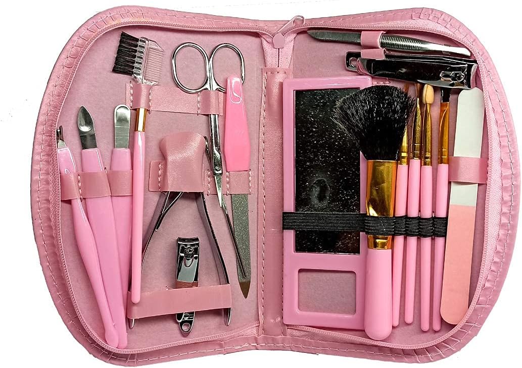 Beauty Tool Manicure Kit, pedicure tools for feet, Nail Cutters, Manicure Pedicure kit for women and Men, 18 Pieces, in Pink PU leather case, Color may vary