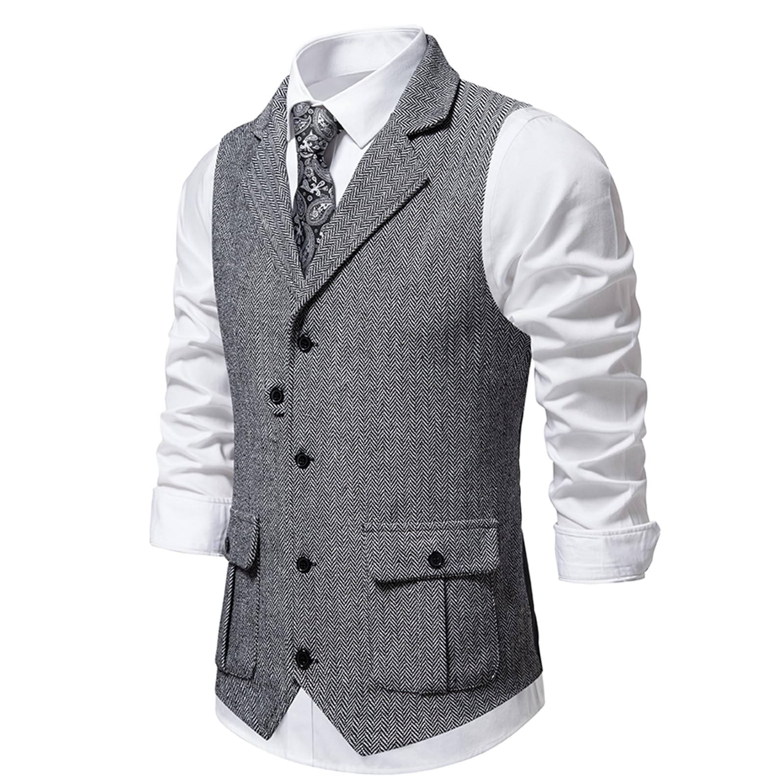 Gilet da uomo senza maniche con scollo a V, formale, in tweed, classico, business, casual, per feste, matrimoni, con tasca