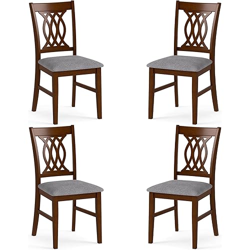 Giantex Upholstered Dining Chairs Set of 4, Farmhouse Fabric Side Chairs w/Cushioned Seats, Patterned Backrests, Sturdy Rubber Wood Frames, Wooden Accent Chairs for Kitchen, Dining Room