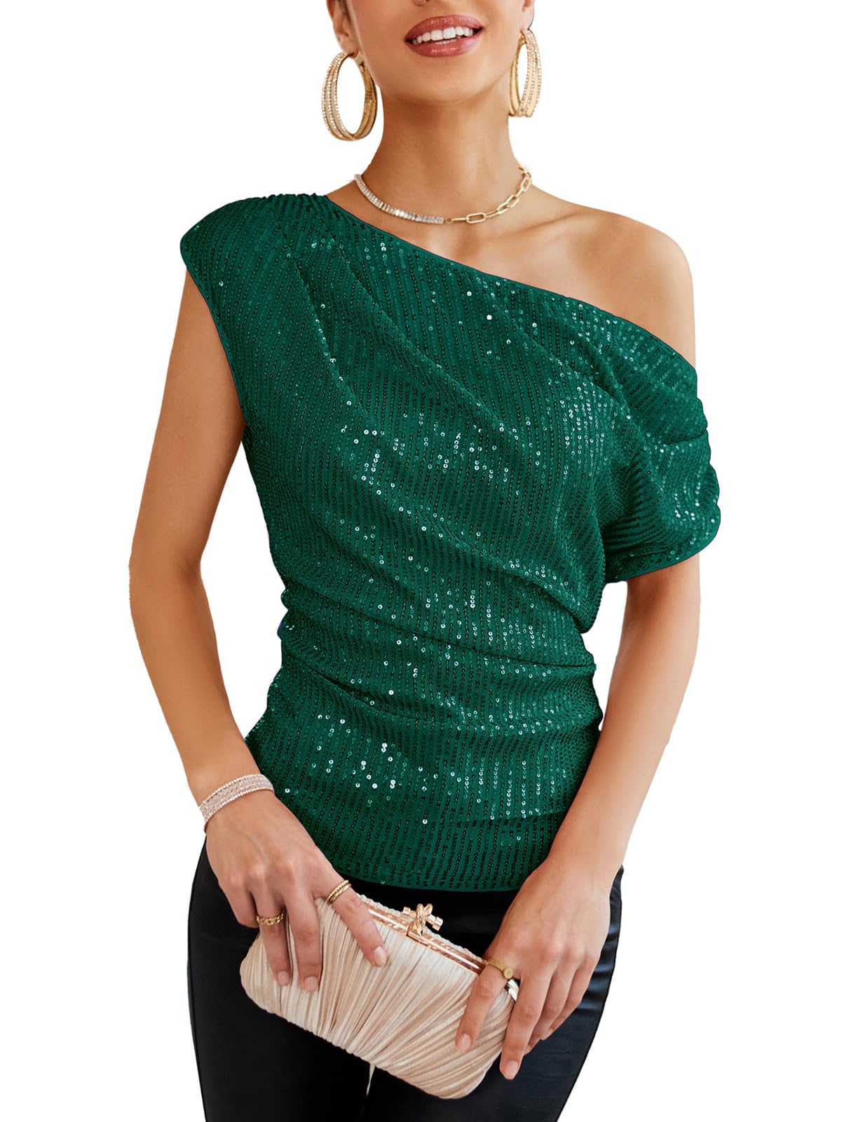 GRACE KARIN One Shoulder Sequin Sparkly Tops for Women Ruched Asymmetrical Glitter Tops Slimming Sparkle Party Shirts
