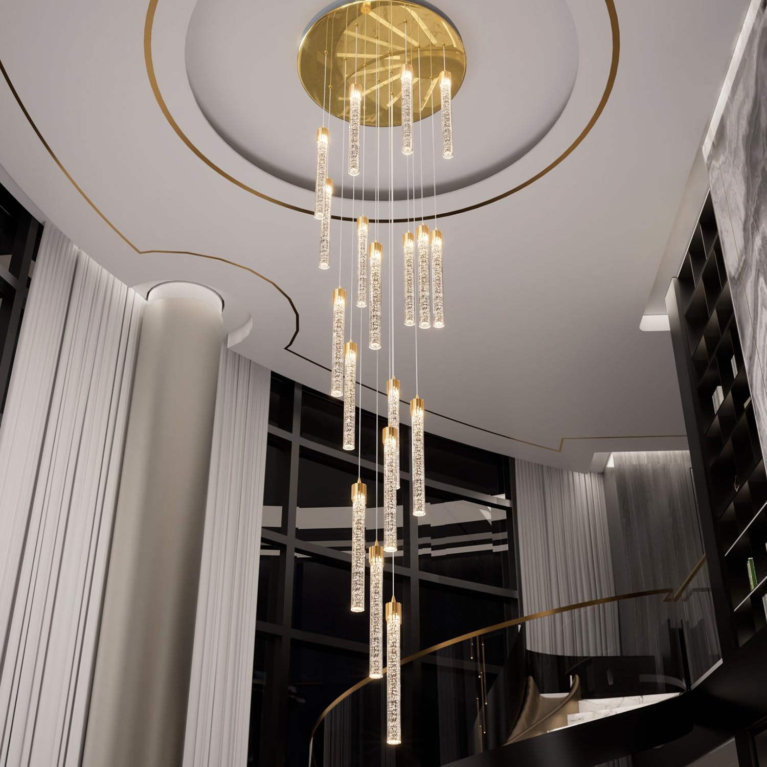 12-Light Staircase Long Pendant Light Fixture Large Chandeliers for High Ceiling Light LED Bulbs for Living Room Foyer Hallway Gold Crystal Pendant Light for Kitchen Island
