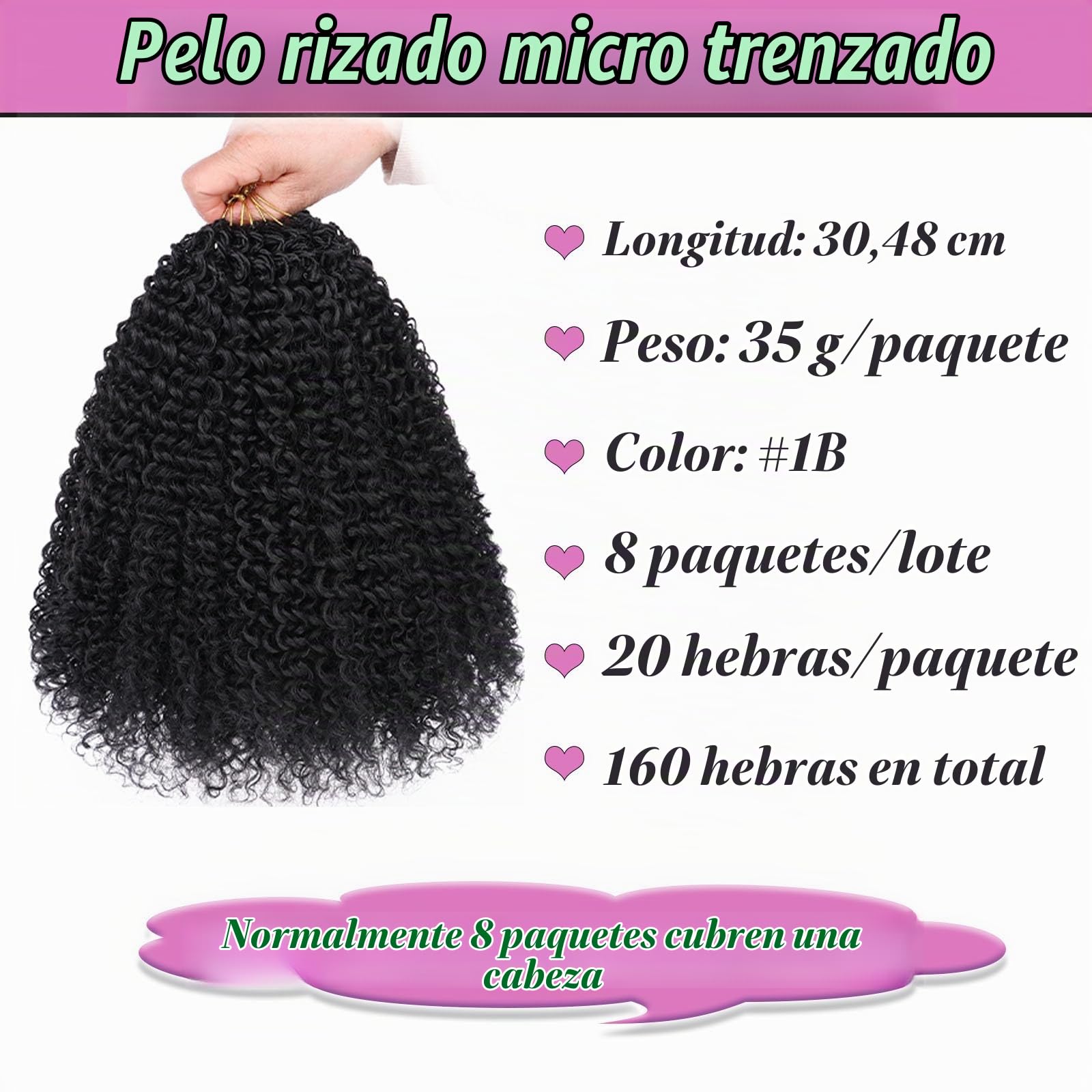 30,48 cm de cabello rizado micro pre-anillado para trenzado en mini pasión, 8 paquetes de cabello sintético rizado micro para mujeres negras (#1B)