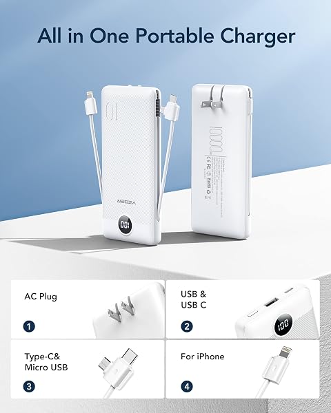 VEGER Portable Charger, 10000mAh Power Bank with Built-in Cables&Wall Plug, USB C Phone Chargers 5 Outputs 2 Inputs Travel Essentials, Slim External Battery Pack Compatible with iPhone, Android(White) - 2