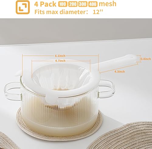 Miniatura 2 de Juego de coladores de malla múltiple premium, paquete de 4  malla 100200300400, tamiz de malla fina de nailon y plástico para té, café, leche de