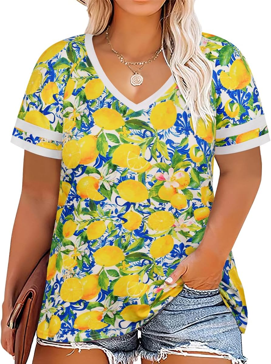 CARCOS Womens Plus Size Tops Short Sleeve Shirts V Neck Tunic Floral/Tie Dye/Solid Summer Tees XL-5X