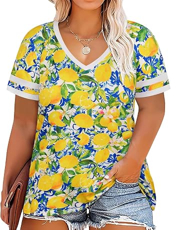 CARCOS Womens Plus Size Tops Short Sleeve Shirts V Neck Tunic Floral/Tie Dye/Solid Summer Tees XL-5X