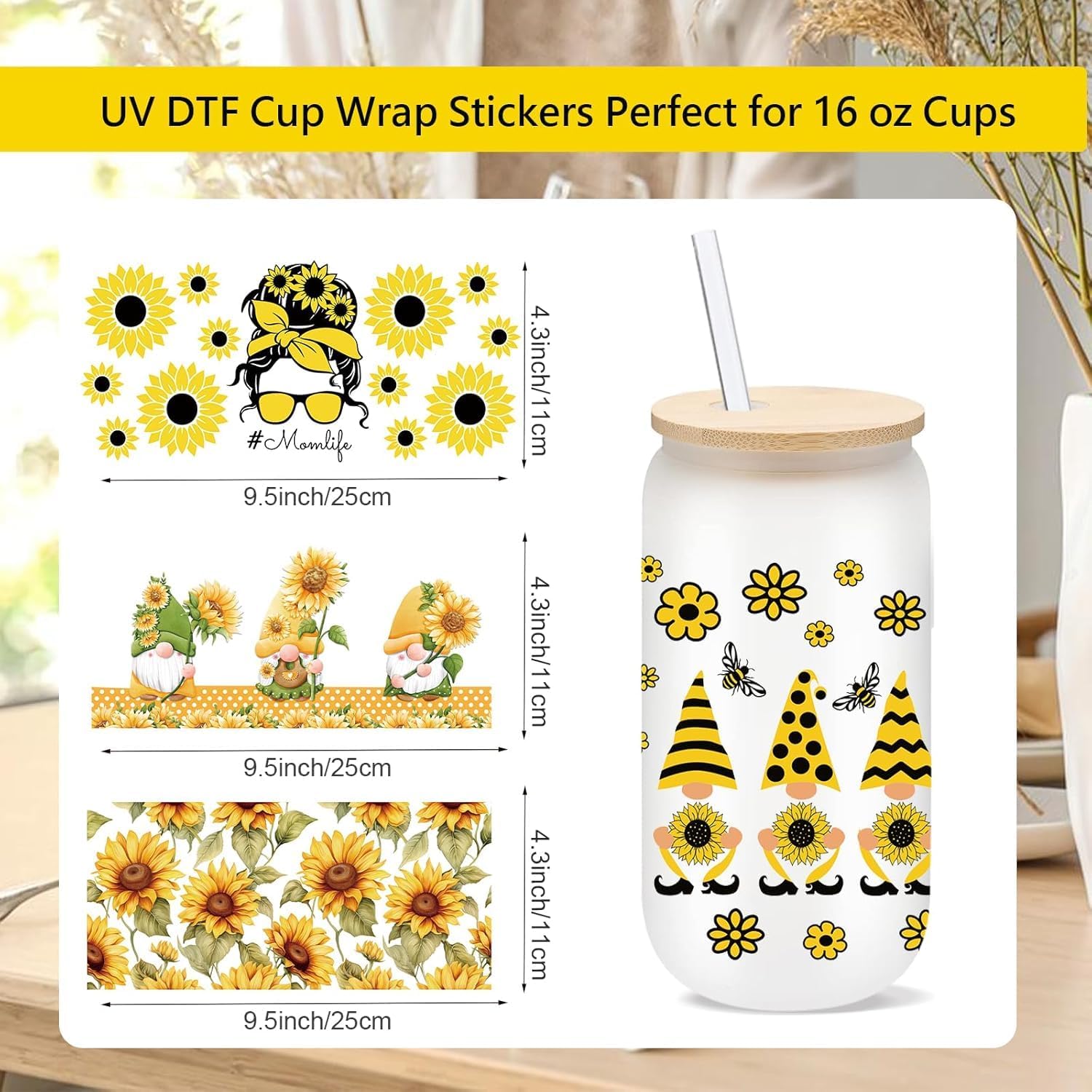 10 Sheets UV DTF Cup Wrap - Sunflower UV DTF Cup Wraps for 16 oz Glass Cups Crafts Water Bottles Home Decor Gift
