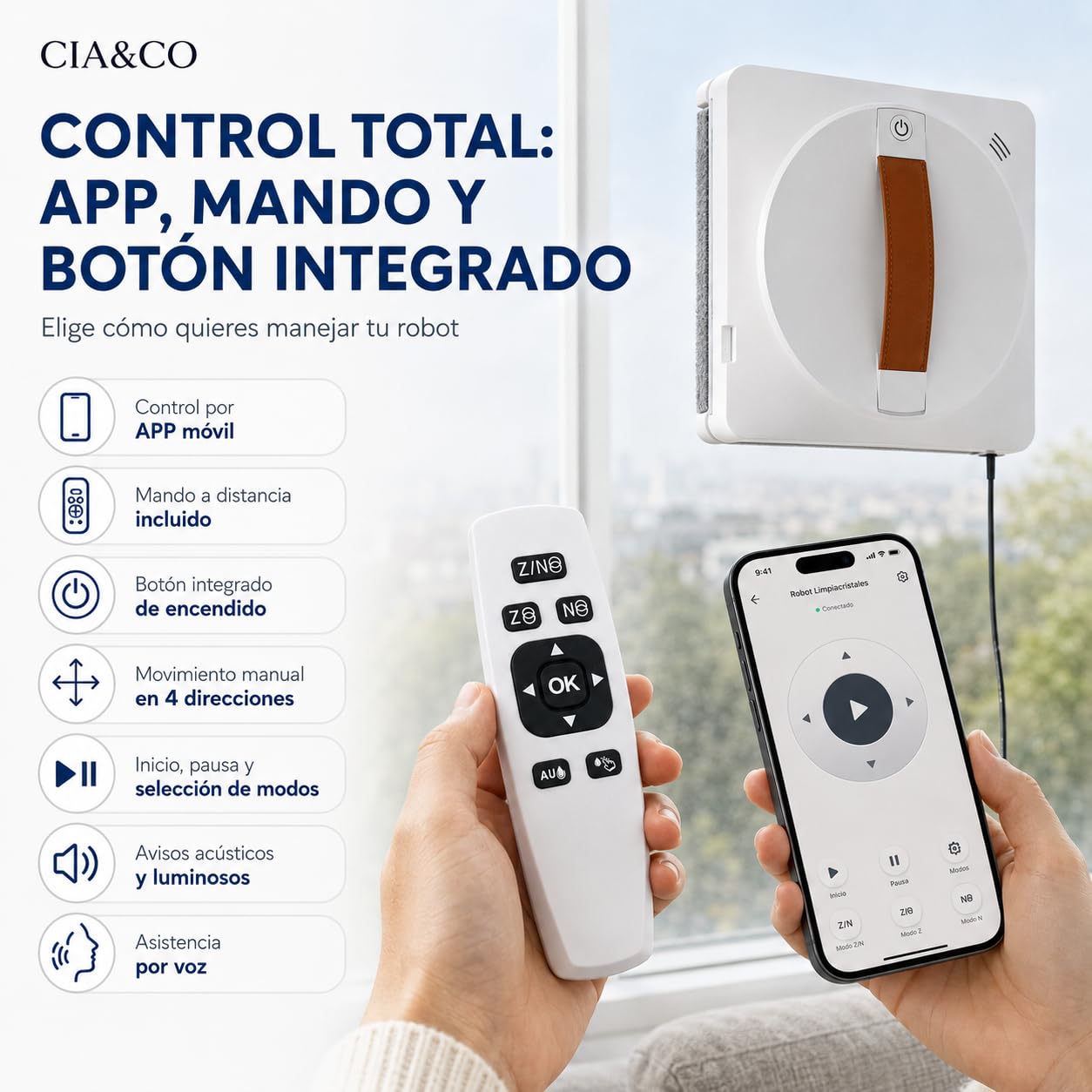 Cia&Co Robot Limpiacristales Automático con App y Mando, Doble Pulverización, 2500 Pa, 3 Modos Z/N, UPS de Respaldo 30 Min y Cuerda de Seguridad para Ventanas y Espejos