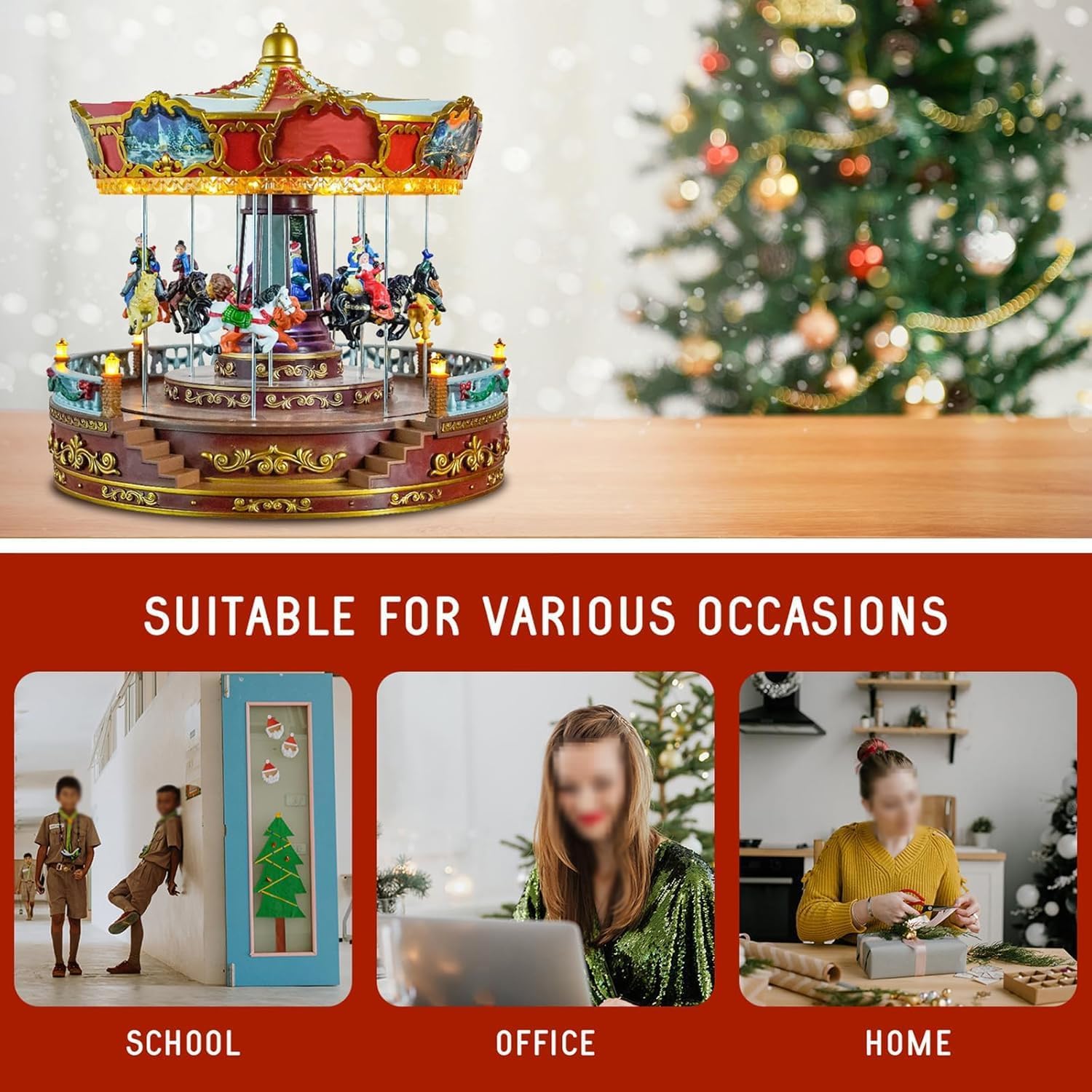 Caja de Navidad giratoria musical con carrusel giratorio, luces LED y música arriba-abajo, encantadora decoración del hogar para festividades navideñas