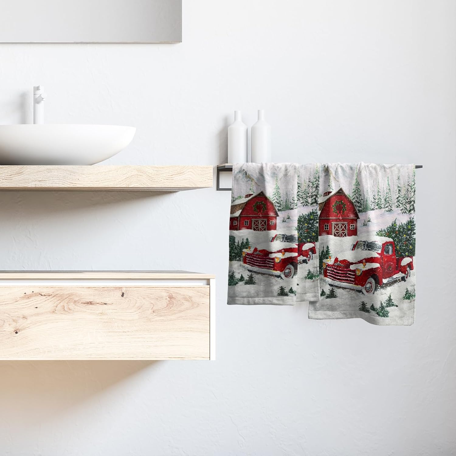 Giwawa Merry Christmas Hand Towels Set of 2 Red Truck Face Guest Towel Xmas Holiday Decorative Soft Fingertip Towel for Bathroom Kitchen Yoga Gym - Image 6