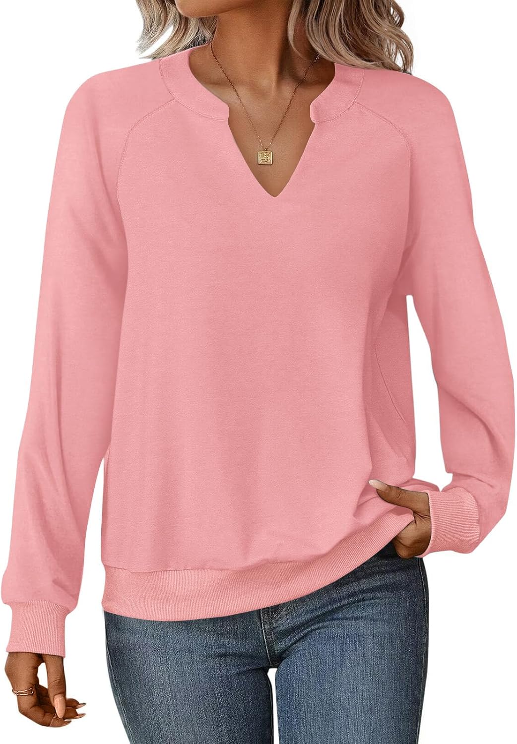 Womens Sweatshirts Long Sleeve V Neck Tops Fall Winter Basic Casual Lightweight Pullover Shirt