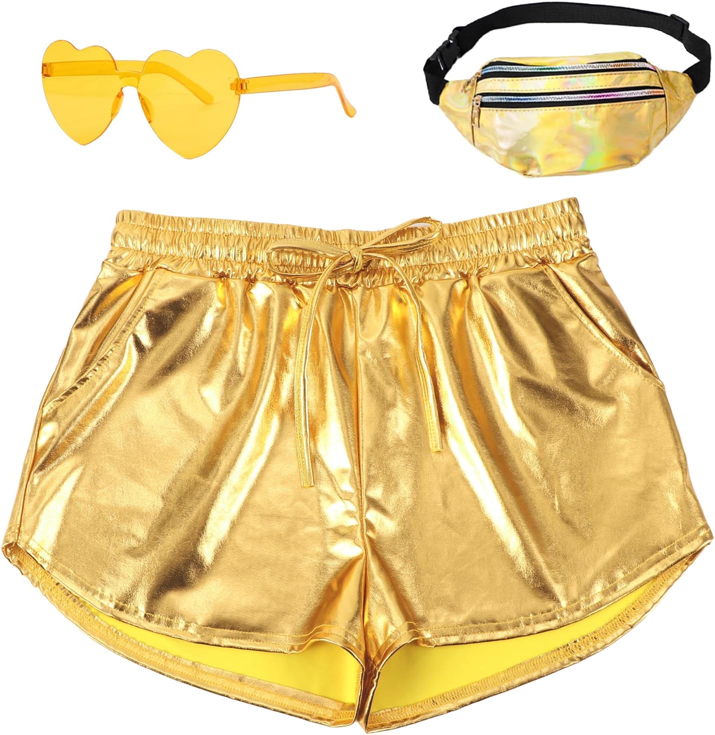 PARTTELYMetallic Shorts for Women Drawstring Shiny Hot Short Sparkly Rave Party Pants with Holographic Fanny Pack Sunglasses