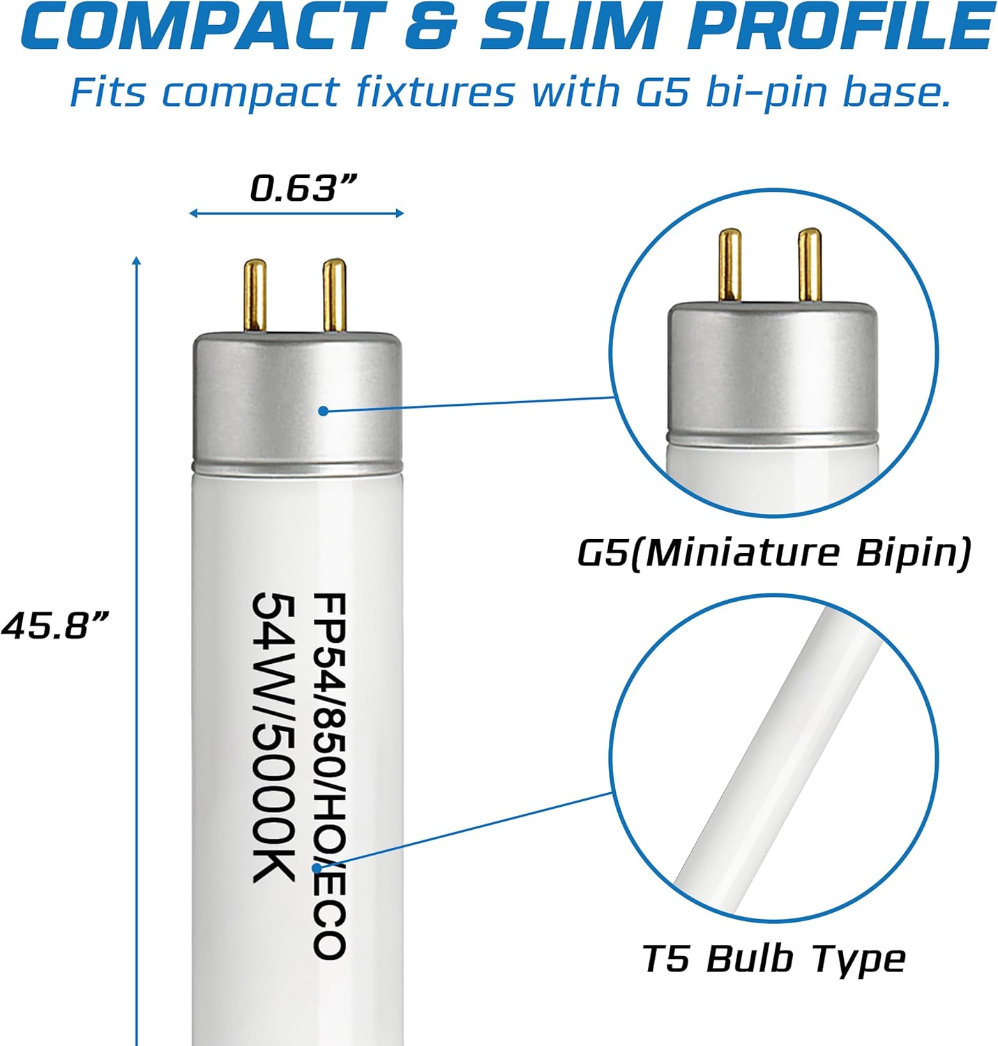 OHLECTRIC FP54/850/HO/ECO T5 Fluorescent Tube Light Bulb (10-Pack) 54 Watt High Output, 5000K Daylight, 800 Series Phosphor, G5 Bi-Pin Base, 46-Inch Linear Lamp, Energy Efficient - Case of 10