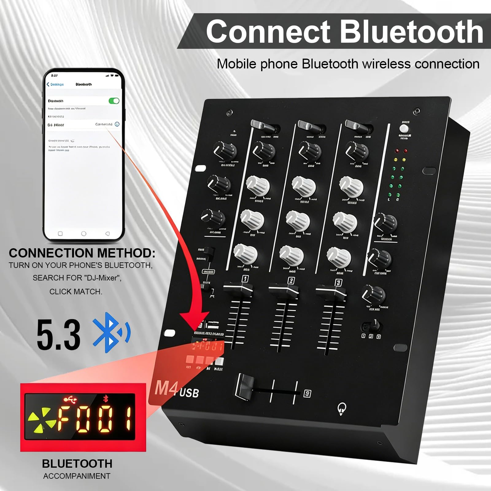 Mesa de Mezclas DJ 3 Canales, Mezclador de Audio DJ con Ecualizador 3 Bandas Control de Ganancia y Monitor de Preescucha Mezclador Estéreo MP3 para Fiestas Clubes y Karaoke