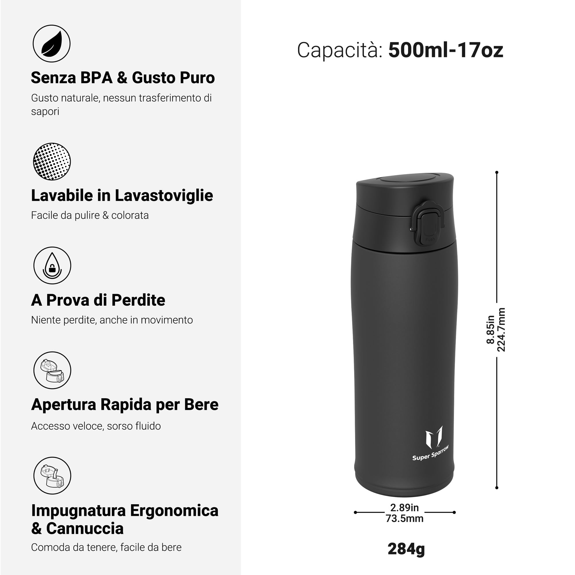 Super Sparrow Borraccia Termica, Acciaio Inox Bottiglia Termica - 350ml, 500ml, 750ml, 950ml - Senza BPA Termos, Borracce Termiche Bambini - Include 2 Coperchi con Cannuccia e Coperchio Sportivo