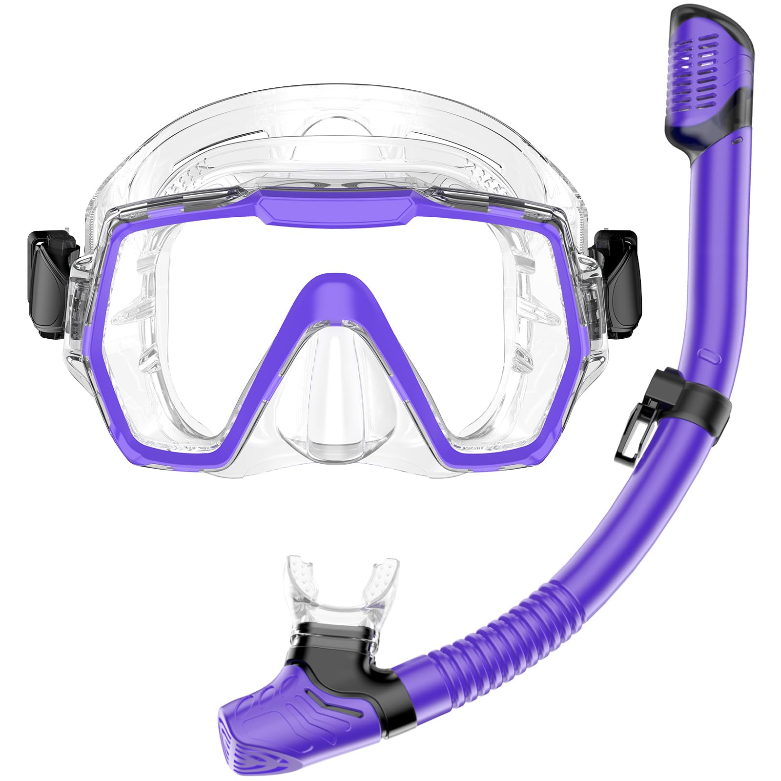 Snorkel Set Adults Snorkeling Gear Anti-Leak and Anti-Fog Tempered Glass Lens Panoramic View Swim Mask Dry Top Snorkel Kit for Snorkeling Scuba Diving Swimming Travel with Carry Bag