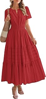 Womens Summer 2025 Casual Midi Maxi Dresses Lightweight Short Sleeve V Neck Elastic Waist Boho Beach Dress Pockets - Buy now