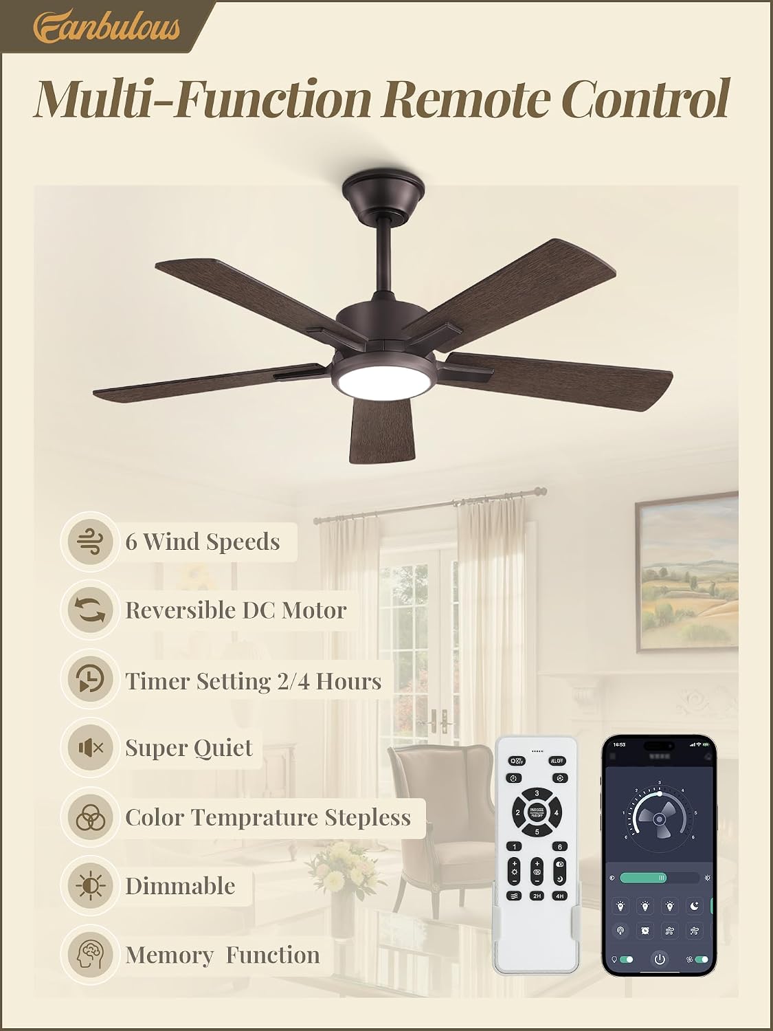 Fanbulous 42 Inch Ceiling Fans with Lights and Remote, Stepless Color Temperature Change & Dimmable 20W LED Ceiling Fan, 6 Speeds Reversible Quiet DC Motor for Bedroom, Living Room, Oil Bronze