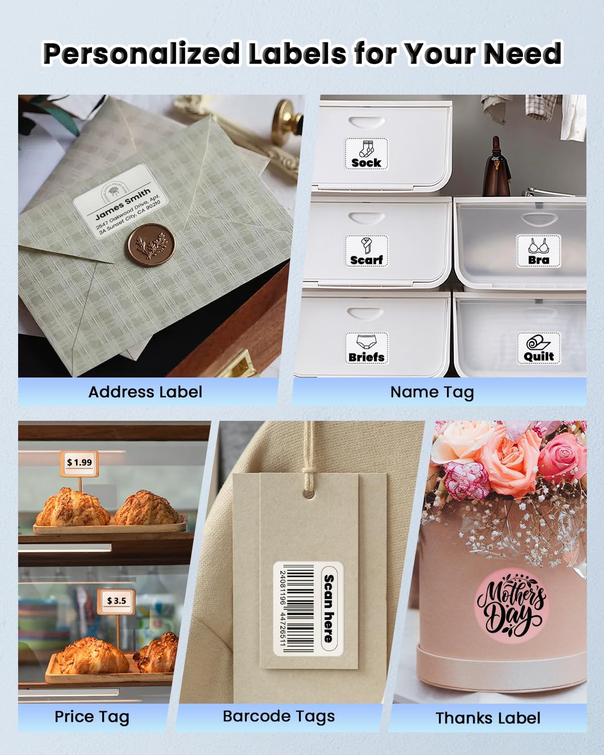 Label Makers, Label Maker Machine with Tape, Bluetooth Label Maker, Portable Thermal 2 Inch Label Printer for Small Business, Barcode, Address, Logo, Clothing, Sticker Printer for Phones & PC - Image 5