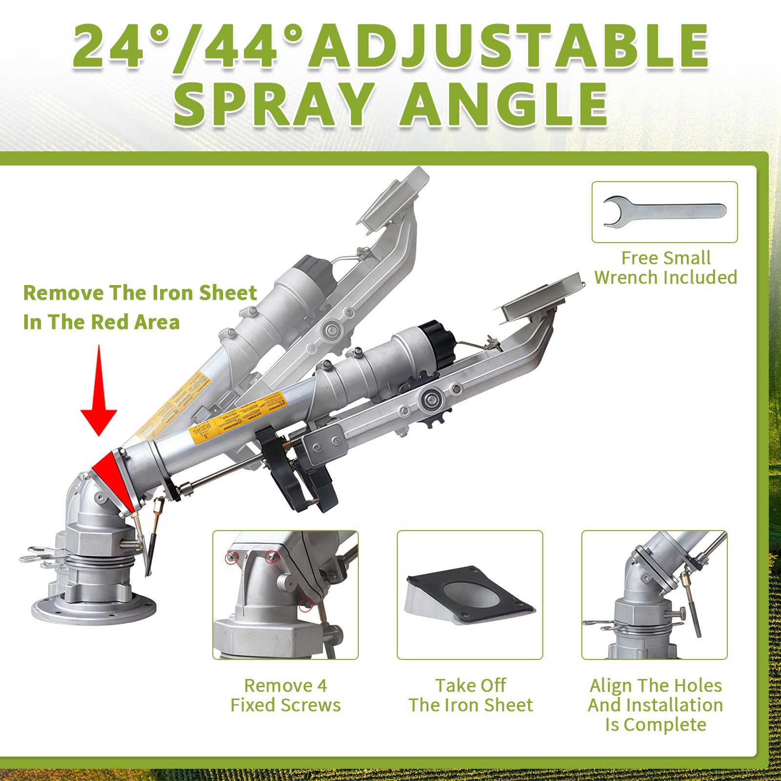 Irrigatore a impatto a impulso completamente rotante a 360° con set di ugelli, copertura estesa per agricoltura, irrigazione agricola per fattorie, frutteti, prato