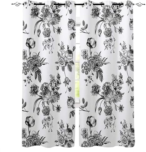 Amazon 黒と白の花植物ホームカーテンホーム用品リビングルーム寝室のカーテン カーテン オンライン通販