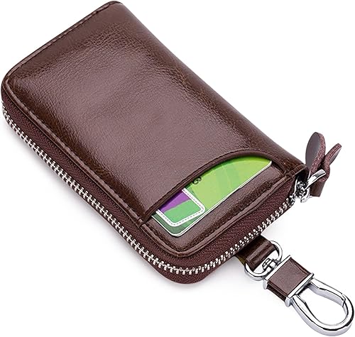 PORRASSO Funda de cuero genuino para llaves de coche, bolsa para llaves, portatarjetas portátil, Marrón