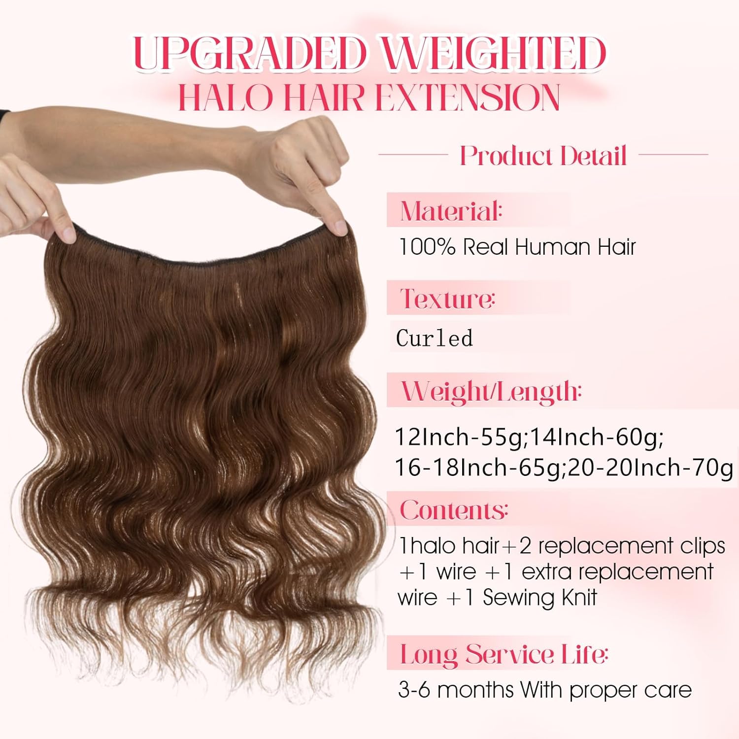 Rich Choices Halo Hair Extensions Real Human Hair-16 Inch Wavy Remy Hairs Halo Extension for Women-Invisible Wire Hairs Extension One Piece Curly Clip in Hairpiece #4R Medium Brown