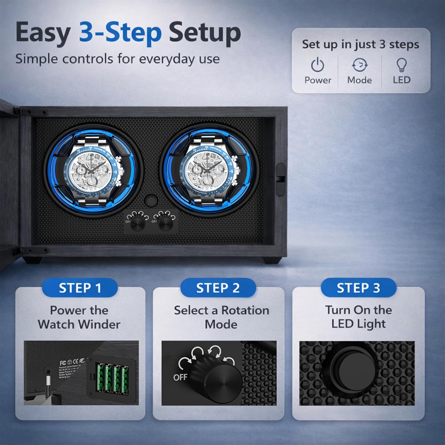 ALTIUS Watch Winder for Automatic Watches,Automatic Double Watch Winder Box with Super Quiet Motor and Blue LED,4 Rotation Modes,2 Individual Controller,Battery Powered or AC Adapter,Gift for Man