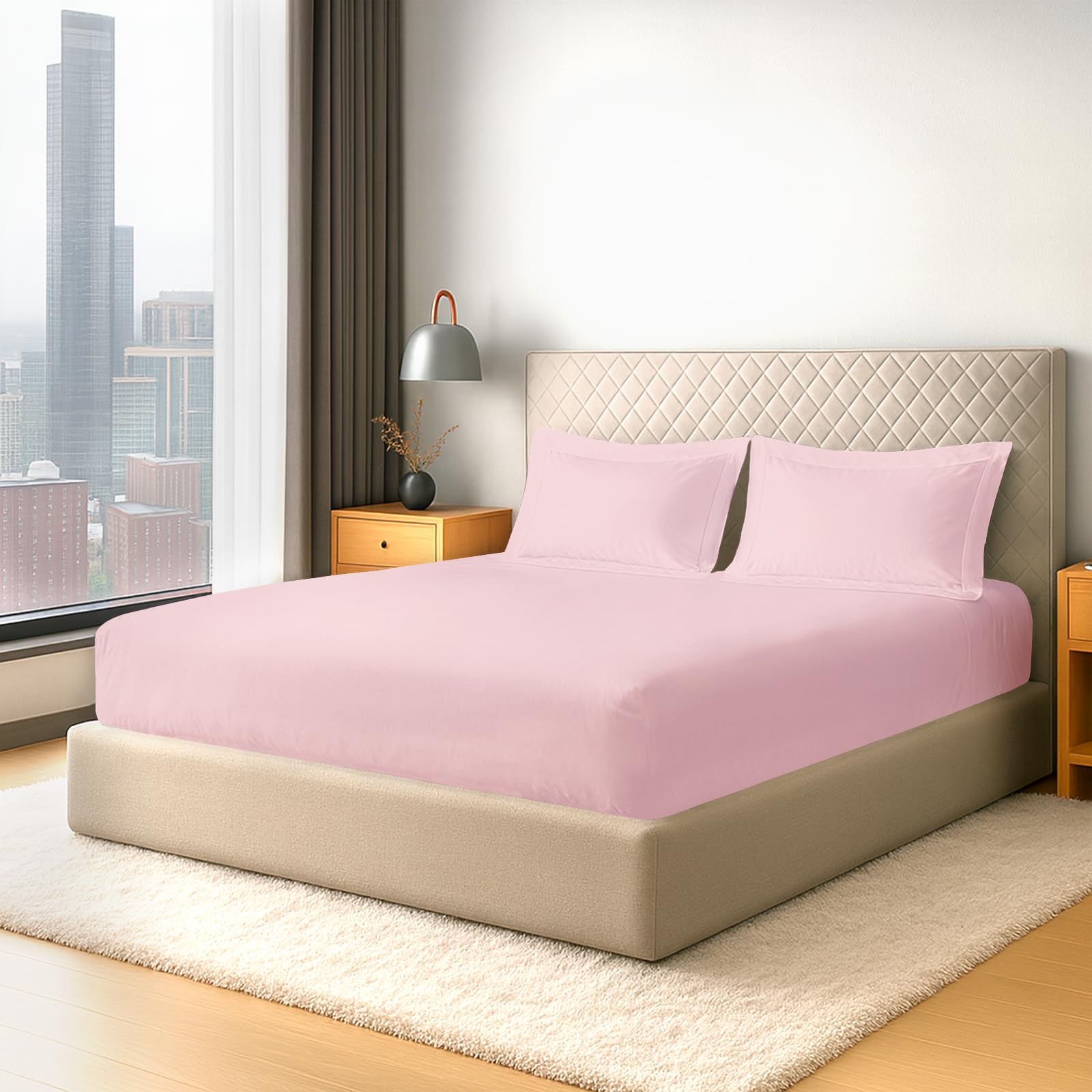 Pizuna Pure Cotton 600 Thread Count Fitted Sheet King Size 150X200 cm with 2 Pillowcases, Light Pink 100% Long Staple Cotton, Soft Sateen Weave 40 cm Deep Fitted King Size Sheet โ image 1