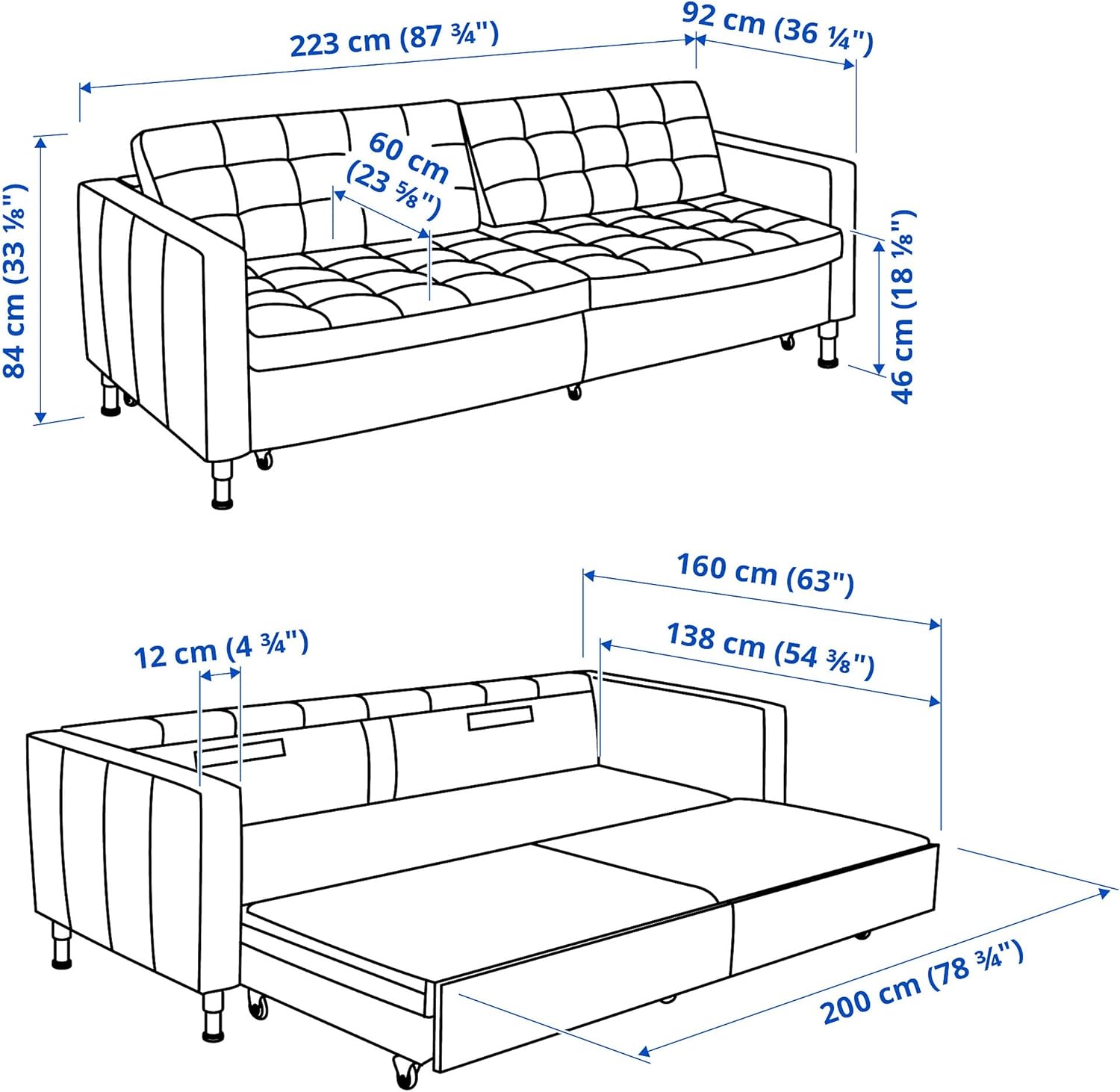Diagram showing dimensions of the LANDSKRONA sofa in sofa configuration