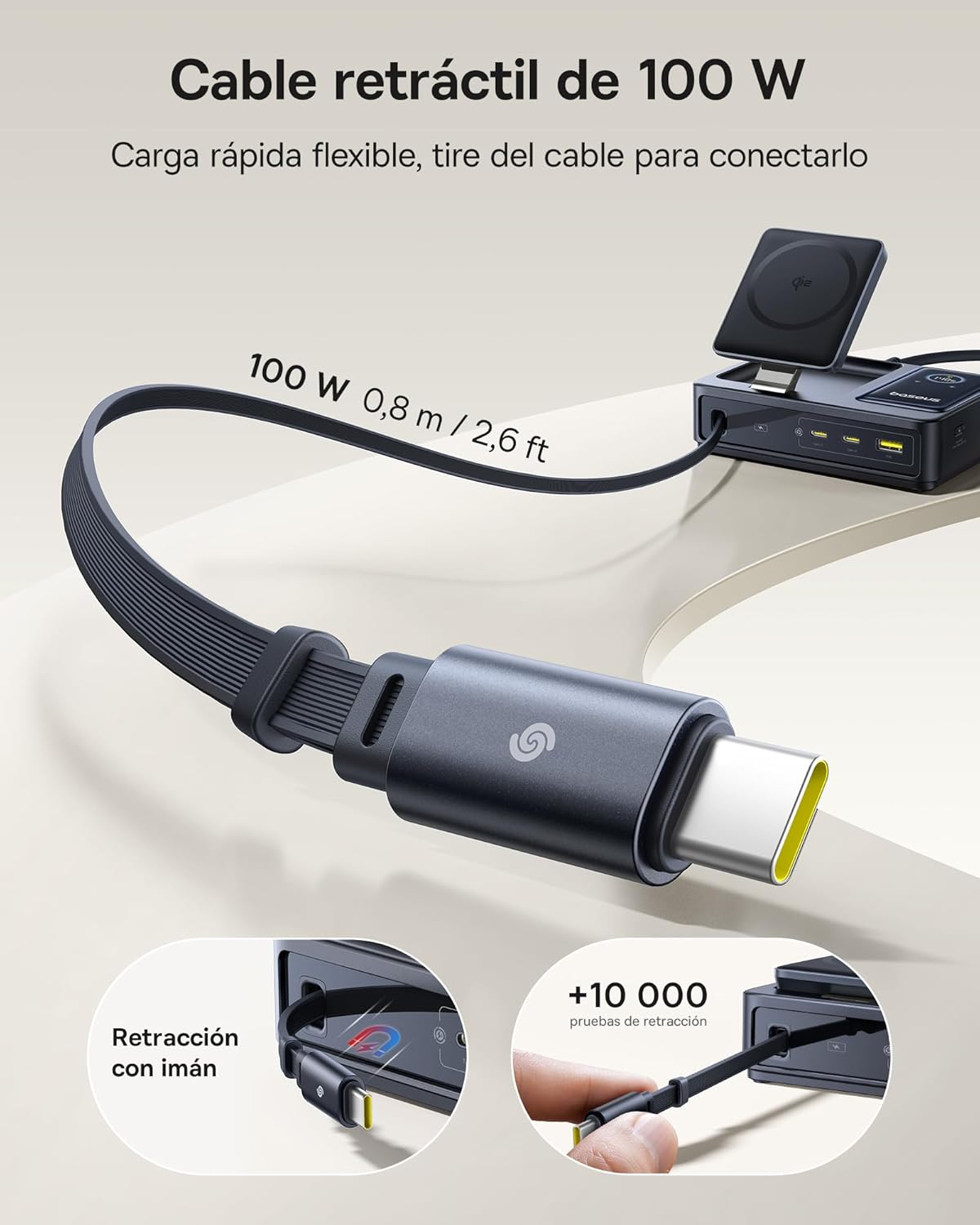 Baseus NOMOS 5 en 1 Estación de Carga, 140 W Cargador USB-C con Cargador MagSafe Qi2.0 de 15 W, Cable Retráctil Tipo C, Conectores 2*USB-C y 1*USB-A y Pantalla Digital, para iPhone/Macbook/Surface 4