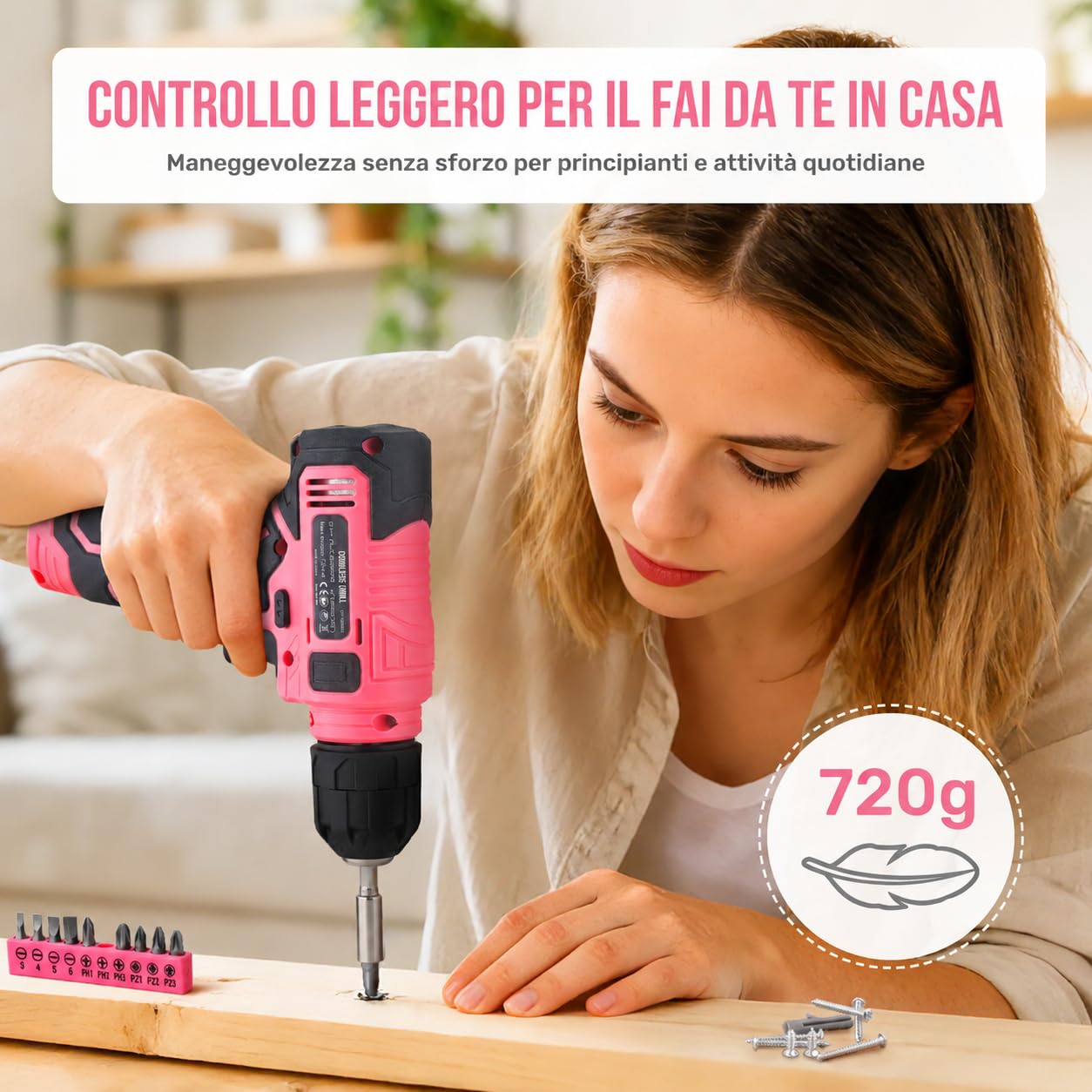 Hi-Spec Set Attrezzi Rosa con Trapano 8V. Kit Completo Trapano Elettrico Ricaricabile USB Senza Fili per Donne, Riparazioni e Manutenzione Domestica Fai-da-Te, in Valigetta Compatta