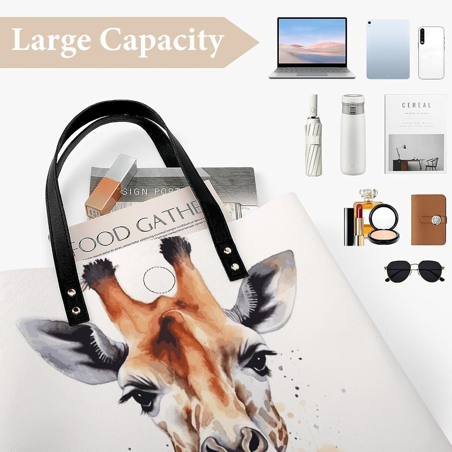 Animal Watercolor Giraffe Tote Bag with Magnetic Buckle Reusable Grocery Bags Lightweight Cross Body Handbag for Daily Essentials