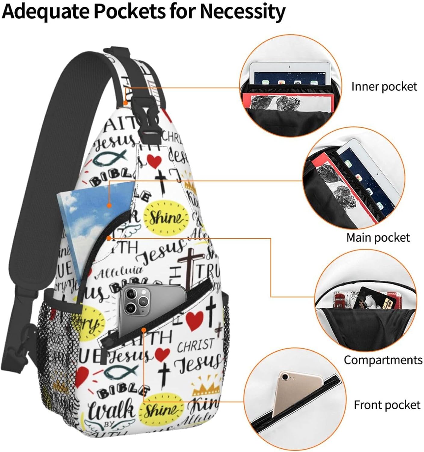 Christian Jesus Cross Crossbody Sling Bag For Women Men Adjustable Chest Bag Cute Shoulder Backpack Daypack For Sport Travel Hiking