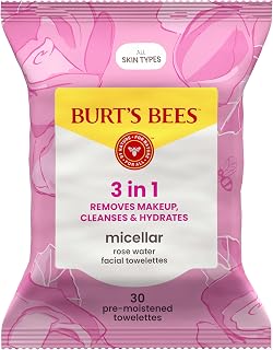 Burt's Bees Micellar Rose Water Facial Towelettes - 100% Plant-Based Makeup Remover Wipes, No-Rinse Cleanse & Hydrate, All Skin Types, 30 Ct