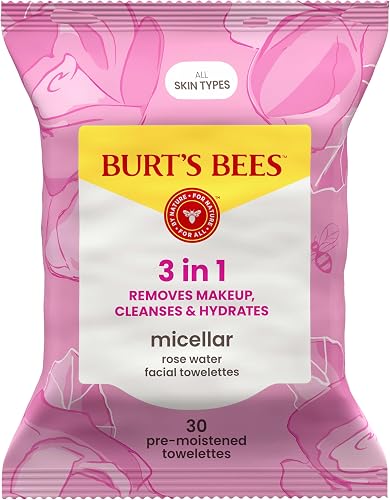 Burt's Bees Micellar Facial Towelettes With Rose Water, Pre-Moistened Towelettes for All Skin Types, 99.5 Percent Natural Origin Skin Care, 30 ct. Package