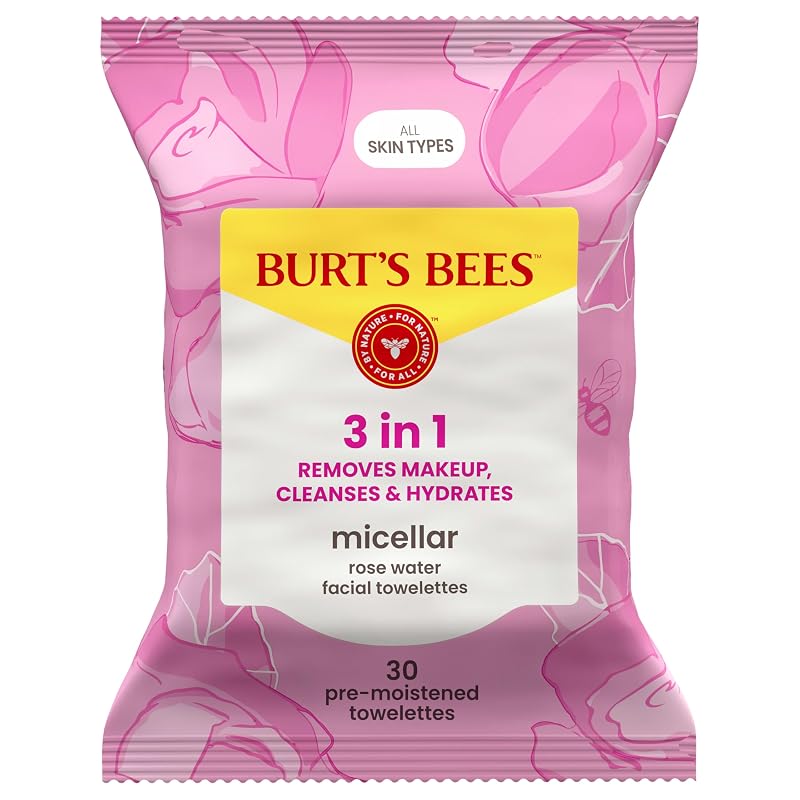 Burt's Bees Lenços Faciais Micelares com Água de Rosas, Pacote com 30 unidades