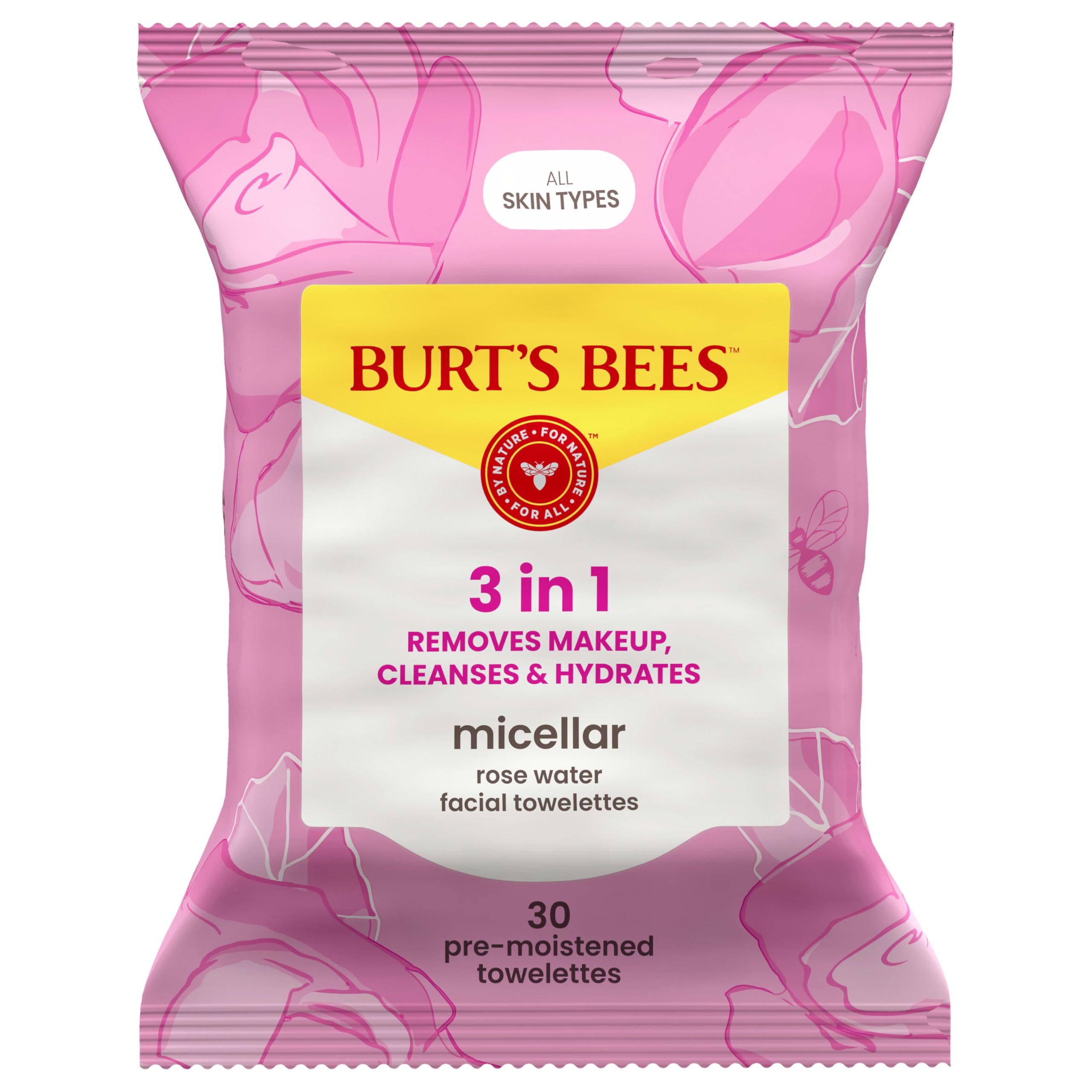 Burt’s Bees Micellar Rose Water Facial Towelettes, 100% Plant Based Cloth; 99% Natural Origin; Remove Makeup, Cleanse, Hydrate; No Greasy, Oily Residue; All Skin Types (Pack May Vary)