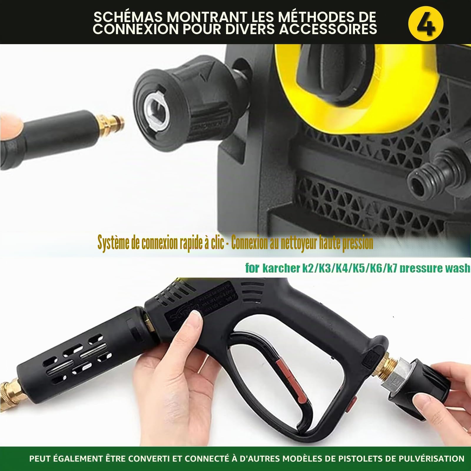 Adaptateur Tuyau Raccord Rapide M22 14mm pour Nettoyeur Haute Pression Karch-Série K2-K7, Raccord 1/4'' Rapide avec 5 Embouts de Buse, Outil de Conversion Pistolet Nettoyage Haute Pression