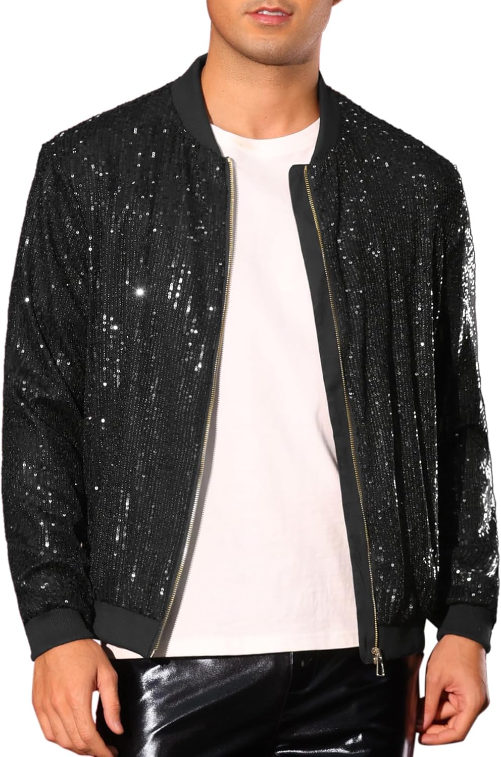Lars Amadeus Sequin Varsity Jacket for Men's 70s Disco Zipper Party Glitter Shiny Bomber Jackets
