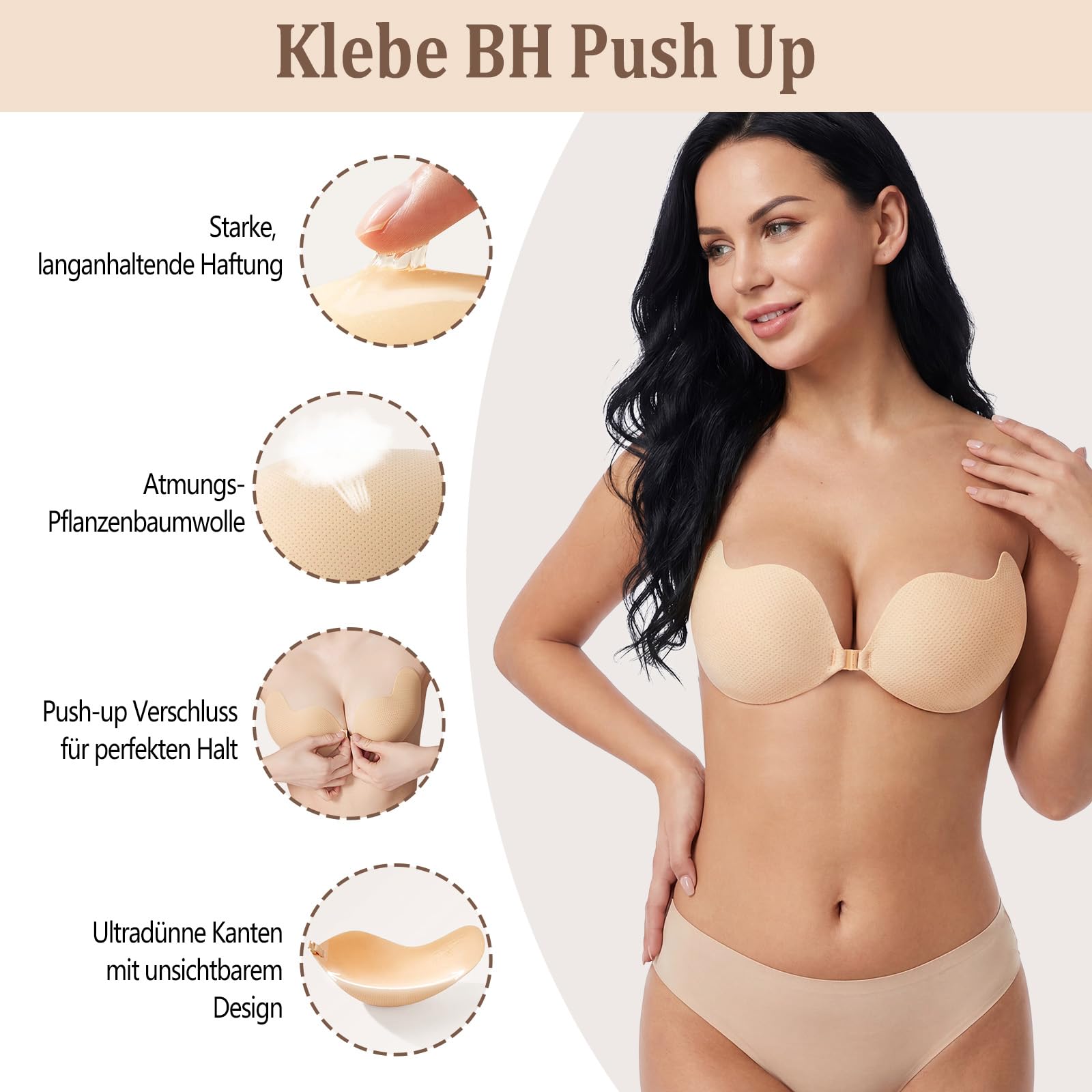 Klebe BH Push Up, Unsichtbarer BH Sticky Bra, Wiederverwendbarer Klebe Push Up BH für Damen, Große & Kleine Brüste mit Nippelpads & Aufklebern zur Bruststraffung, BH für Rückenfreies Kleid, Brautkleid