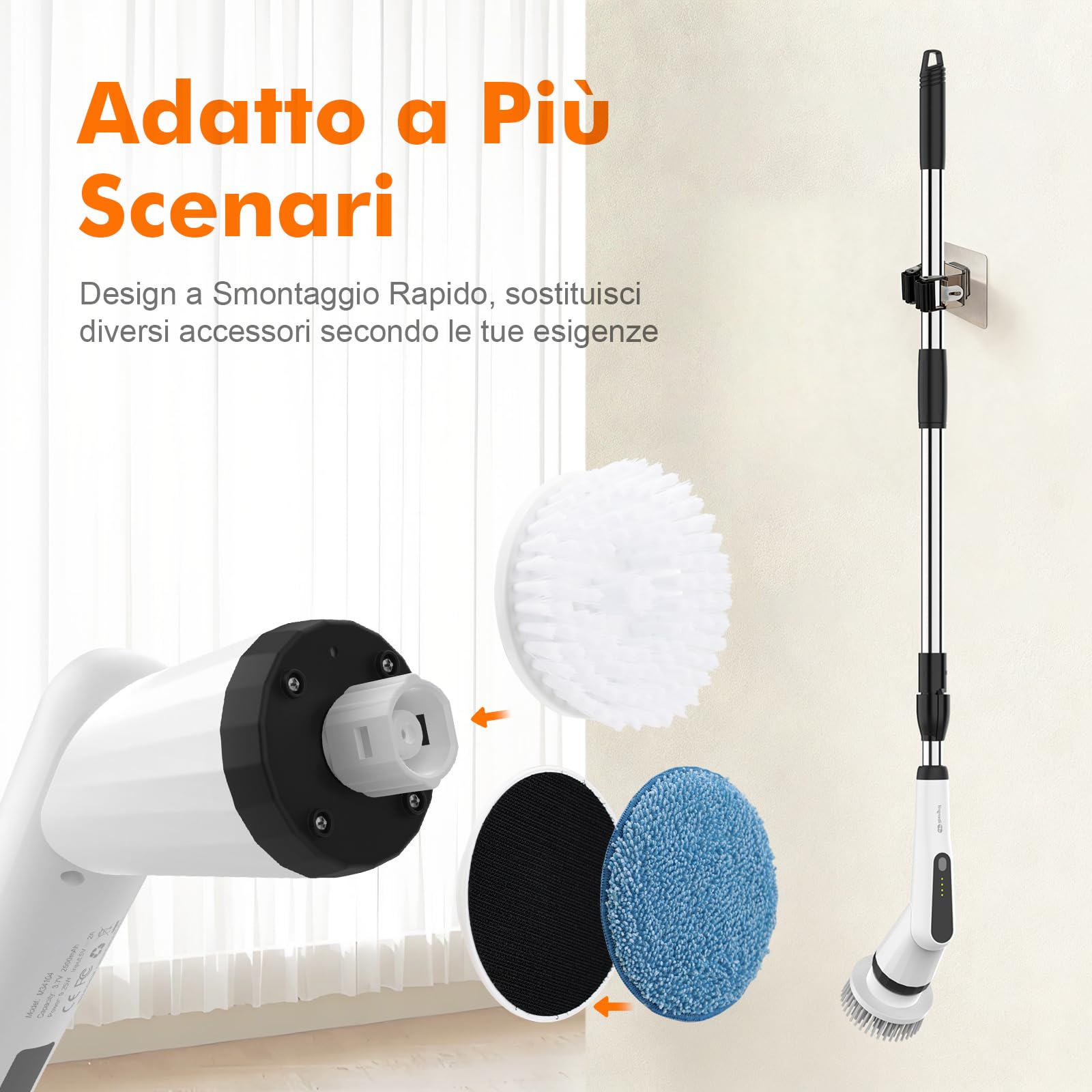 Ibergrif M34104 Spazzola Elettrica Rotante per Pulizia Casa, Spazzola Rotante Pulizia Casa con 6 Testine Sostituibili, IPX7 Impermeabile, Manico Telescopico Regolabile per Bagno, Cucina