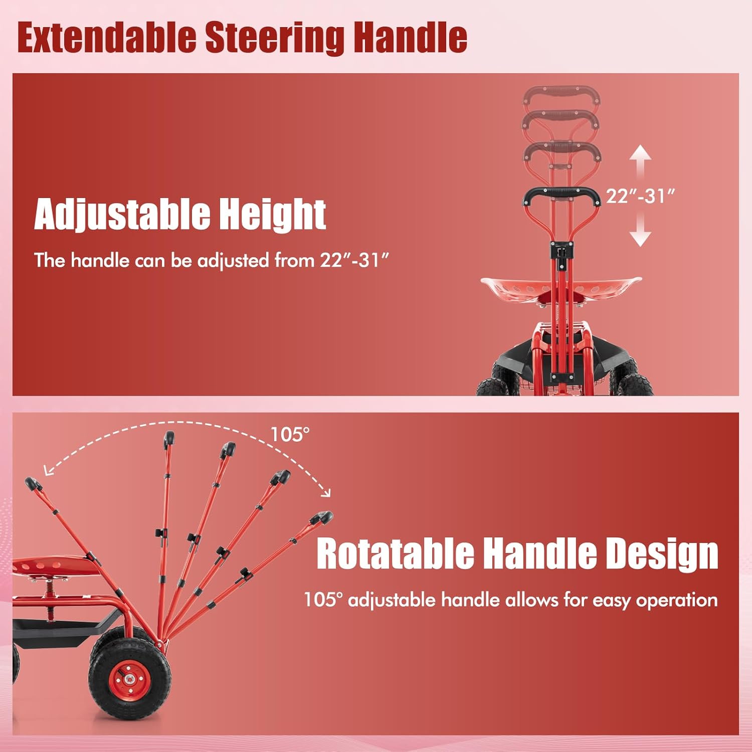 Diagram showing the dimensions of the Goplus Rolling Garden Cart, including seat height, handle length, and overall length, with a maximum weight capacity of 330 lbs.