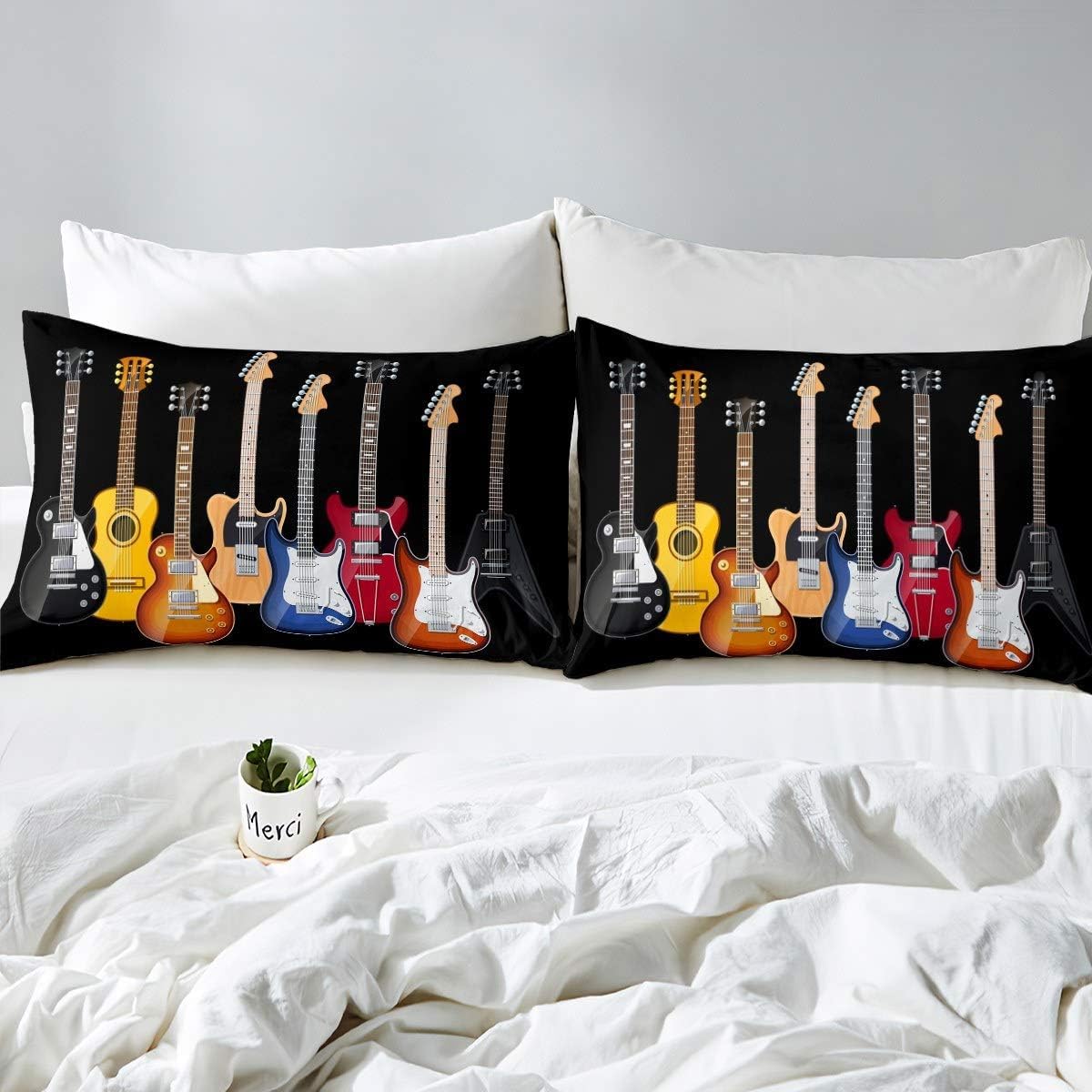 Parure De Lit 2 Personnes Thème Guitare - Housse De Couette 240x260 Cm + 2 Taies, Microfibre 3D Imprimée | Design Musical Pour Chambre Ado