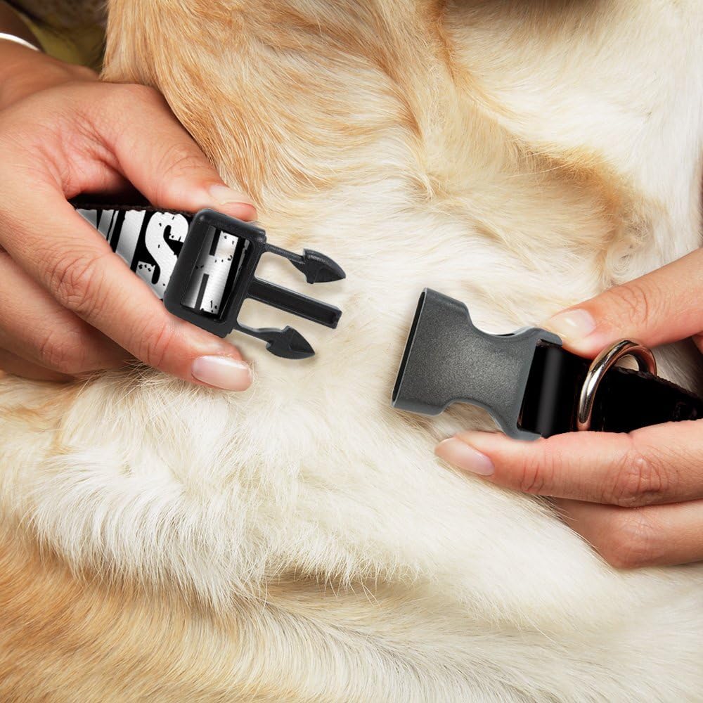 Dog Collar Plastic Clip The Punisher Bold Logo4 Weathered Black White 15 to 26 Inches 1.0 Inch Wide
