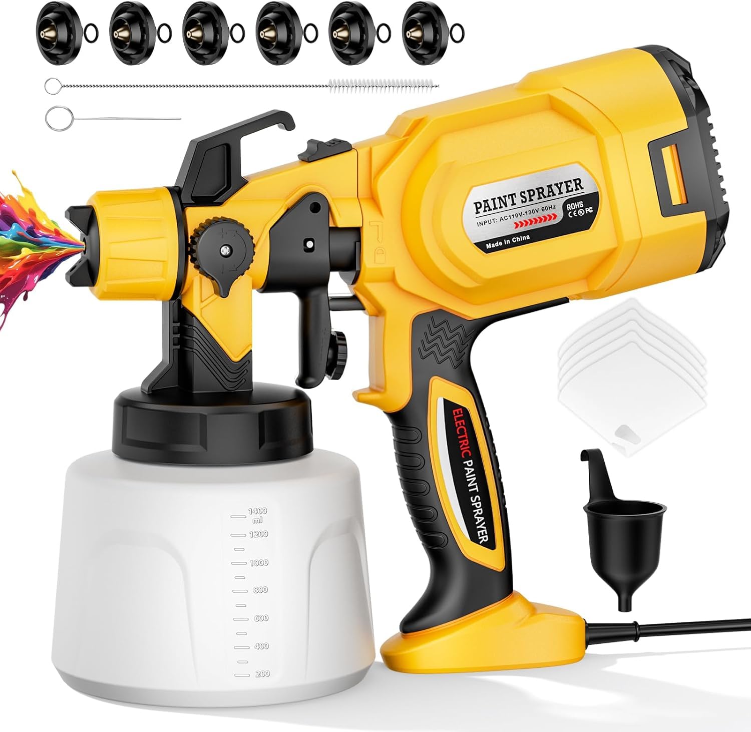 Photo 1 of 1000W High Power Paint Sprayer, HVLP Electric Spray Paint Gun with 6 Brass Nozzles & 3 Patterns, 1400ml Large Container, 1200ml/Min High Flow for House Painting, Cabinets, Furniture, Fence & DIY