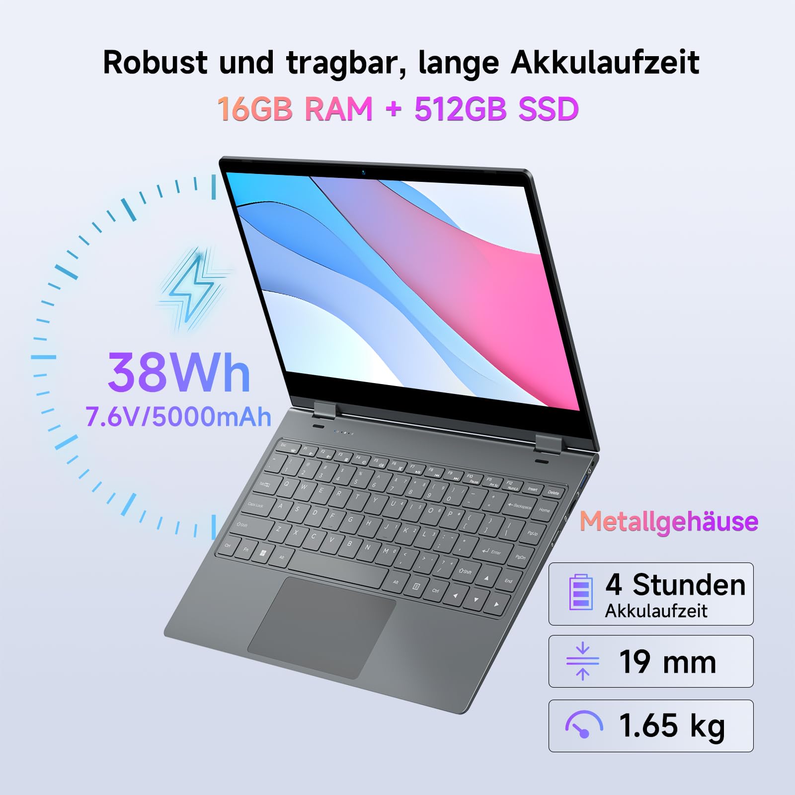 BMAX 2-in-1 Laptop Touchscreen Notebook Intel N150 up to 3.6GHz 16GB RAM 512GB SSD 14" Full HD Convertible Computer Beleuchtete Tastatur USB-C/3.2, Bluetooth, WiFi Deutsche Tastaturschutzfolie