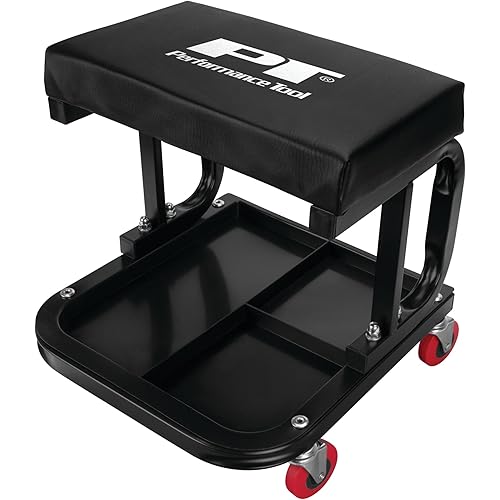 Performance Tool W85007 C-Frame Creeper Rolling Work Seat with Tool Tray for Mechanic Garages and Workshops, Black, 11.5 x 12.5-inch Tray