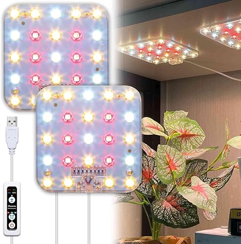 DOMMIA Full Spectrum LED Grow Light for Indoor Plants, 2 Panels 10W with 6/12/16h Timer Dimmable Plant Lights for Flower Veg Plant Growth USB, Warm White, 1-Pack